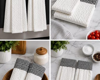Set of 2 Hanging Kitchen Towels – Cotton Dish Towels with Topper – Oven & Cabinet Towel – Farmhouse Kitchen Décor – Housewarming Gift