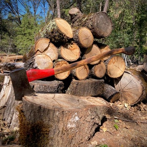 Puede incluir: Un hacha con mango rojo y mango de madera descansa sobre un tocón de árbol. El hacha se apoya en una pila de troncos apilados.