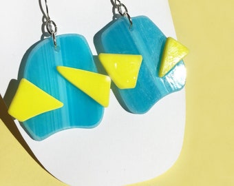 Modern, Abstract, Recycled Glass Earrings / Solid Turquoise & Yellow / Asymmetrical Jewelry / Shipping Included