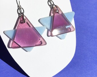 Modern, Abstract, Recycled Glass Earrings / Purple & Lavender Stars / Asymmetrical Jewelry / Shipping Included