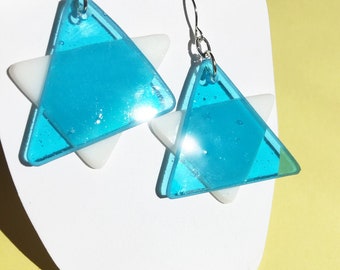 Modern, Abstract, Recycled Glass Earrings / Transparent Blue & Solid White Stars / Asymmetrical / Shipping Included