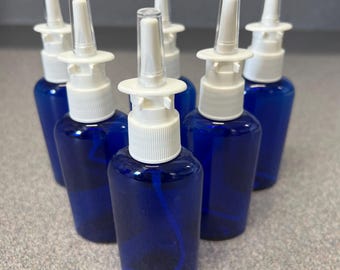 6 NEW 2 oz Blue PLASTIC Oval NASAL Spray Bottle and Cap