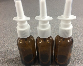 3 pack NEW 1 oz Amber GLASS Boston Round Bottle with NASAL Sprayer Top and Cap