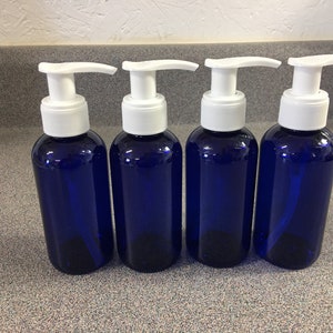 4 NEW 4 oz Blue PLASTIC Bottles with White Pump Tops BPA Free