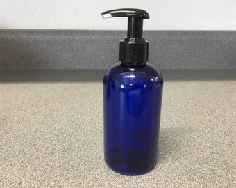 NEW 8 oz Blue PLASTIC Boston Round Bottle with Wide COMFORT Pump