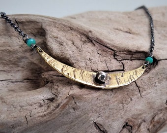 Crescent moon - Hammered Brass And Balled Silver Necklace