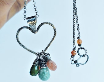 Melting Heart - Silver Heart and wire wrapped gemstones Necklace