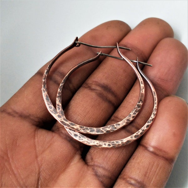 Textured Hoop earrings -  Hammered oxidized Copper Hoops