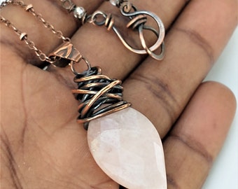 Leaf Shaped Crystal Quarts- Wire wrapped pink Gemstone necklace