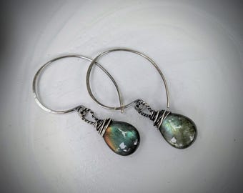 Labradorite Drop Earrings, Handmade Wire Wrapped Gemstone Earrings, Teardrop Dangle Earrings, Boho Jewelry, Gift for Her
