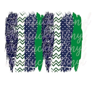 May include: A digital design featuring a distressed, brushstroke background with green, white, and navy blue stripes. The stripes are patterned with white chevron and white polka dots.
