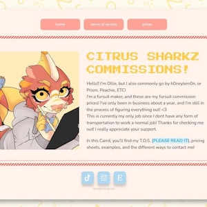 May include: A digital webpage titled CITRUS SHARKZ COMMISSIONS! featuring an illustration of a stylized anthropomorphic shark character in a grey hoodie. The text introduces Ollie, a fursuit maker, and provides information on commissions, T.O.S., and contact links.