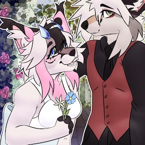 K&ouml;nnte beinhalten: Eine digitale Illustration zweier anthropomorpher Charaktere. Eine Figur hat wei&szlig;es Fell, rosa Haarstr&auml;hnen und blaue H&ouml;rner, tr&auml;gt ein wei&szlig;es Kleid und h&auml;lt kleine blaue und wei&szlig;e Blumen. Die andere Figur hat wei&szlig;es Fell und tr&auml;gt eine rote Weste.