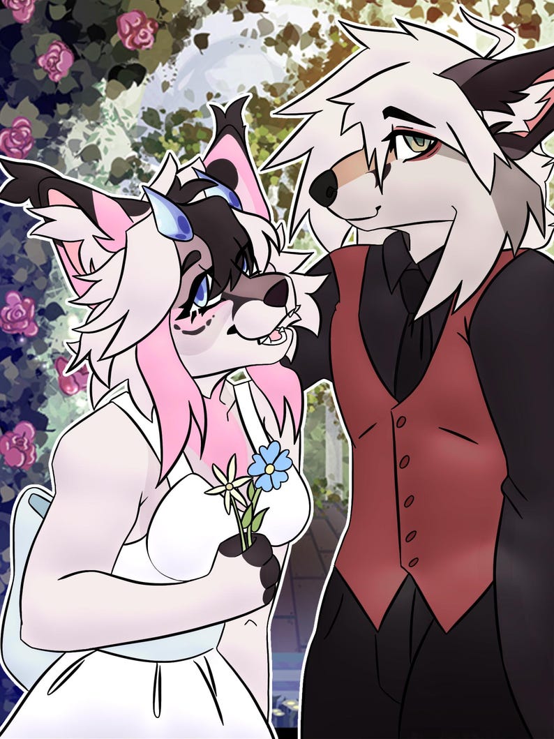 K&ouml;nnte beinhalten: Eine digitale Illustration zweier anthropomorpher Charaktere. Eine Figur hat wei&szlig;es Fell, rosa Haarstr&auml;hnen und blaue H&ouml;rner, tr&auml;gt ein wei&szlig;es Kleid und h&auml;lt kleine blaue und wei&szlig;e Blumen. Die andere Figur hat wei&szlig;es Fell und tr&auml;gt eine rote Weste.