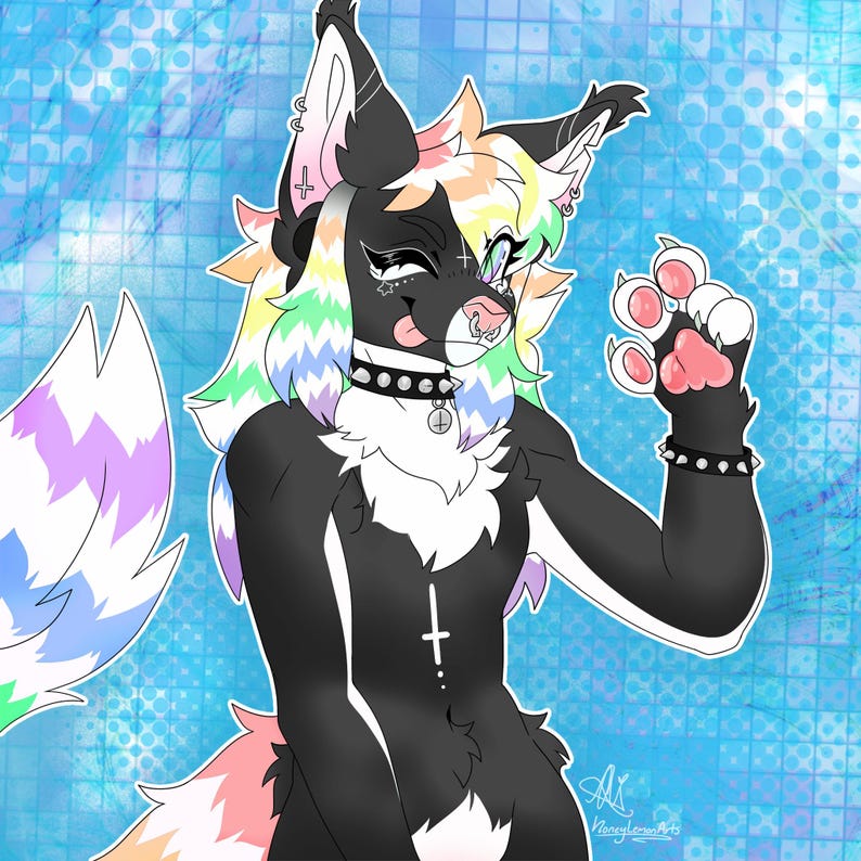 K&ouml;nnte beinhalten: Eine digitale Illustration einer anthropomorphen Kreatur mit schwarzem Fell, einem wei&szlig;en Brustfleck und regenbogenfarbenem Haar. Die Figur tr&auml;gt ein Stachelhalsband, ein Septum-Piercing und Ohrringe sowie ein Kreuzsymbol auf der Brust.