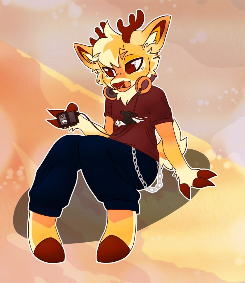 K&ouml;nnte beinhalten: Eine digitale Illustration eines anthropomorphen Hirschcharakters mit cremefarbenem und orangefarbenem Fell, der ein dunkelrotes T-Shirt mit einer kleinen wei&szlig;en Katzengrafik, eine dunkelblaue Hose mit silberner Kette und orangefarbene Kopfh&ouml;rer tr&auml;gt.