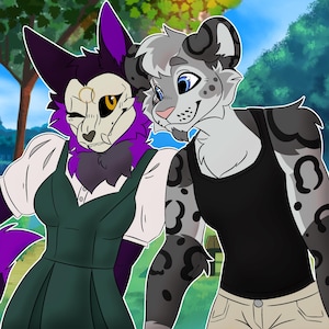 K&ouml;nnte beinhalten: Eine digitale Illustration von zwei anthropomorphen Charakteren. Eine Figur hat violettes Fell und tr&auml;gt eine wei&szlig;e Totenkopfmaske mit goldenem Mondsichelsymbol, eine wei&szlig;e Bluse und ein dunkelgr&uuml;nes Kleid. Die andere ist ein grauer Leopard.