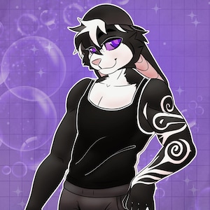 K&ouml;nnte beinhalten: Eine digitale Illustration eines anthropomorphen Hasencharakters mit schwarz-wei&szlig;em Fell, violetten Augen und einer schwarzen M&uuml;tze. Die Figur tr&auml;gt ein schwarzes Tanktop und zeigt komplizierte wei&szlig;e, wirbelnde Stammesmuster am linken Arm.