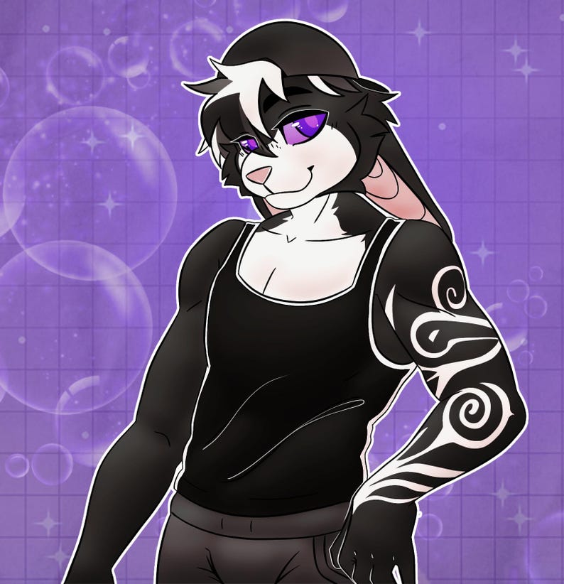 K&ouml;nnte beinhalten: Eine digitale Illustration eines anthropomorphen Hasencharakters mit schwarz-wei&szlig;em Fell, violetten Augen und einer schwarzen M&uuml;tze. Die Figur tr&auml;gt ein schwarzes Tanktop und zeigt komplizierte wei&szlig;e, wirbelnde Stammesmuster am linken Arm.