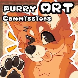 K&ouml;nnte beinhalten: Eine digitale Illustration eines orangefarbenen anthropomorphen Hundecharakters mit gro&szlig;en dunklen Augen, einer schwarzen Nase und einer erhobenen Pfote. Der Text FURRY ART Commissions ist in einer verpixelten Schrift oben im Bild zu sehen.