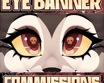 以下が含まれることがあります： 太字の明るい文字で「EYE BANNER COMMISSIONS」と書かれたデジタルイラスト。中心には、黄色い虹彩、暗い瞳孔、そしてそれぞれの瞳孔に小さなドクロのアイコンが反射した、大きく様式化された一対の目が描かれています。