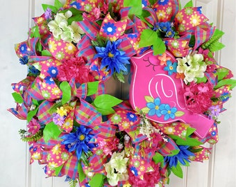 Whimsical Summer Wreath for Front Door, Large Deco Mesh Wreath with Florals, Hot Pink Bird & Vibrant Hot Pink Ribbons, Multi colored florals