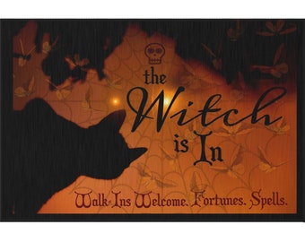 Outdoor/Indoor Rug: Halloween The Witch Is In 24 by 36 inches Black cat seasonal fall Holiday Non-slip poly chenille Door mat Welcome mat