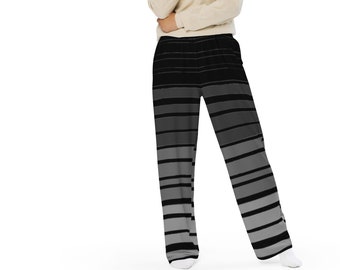 Adult Wide Leg Pants: Harmony Stripe/The Grays. Grey/Gray/Black. Gender Neutral. Unisex. Adjustable waist. Free Shipping.