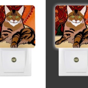 Art Nouveau Style Tabby Cat LED Night Light with Sensor On/Off. Free standard shipping. Expedited Shipping Available.