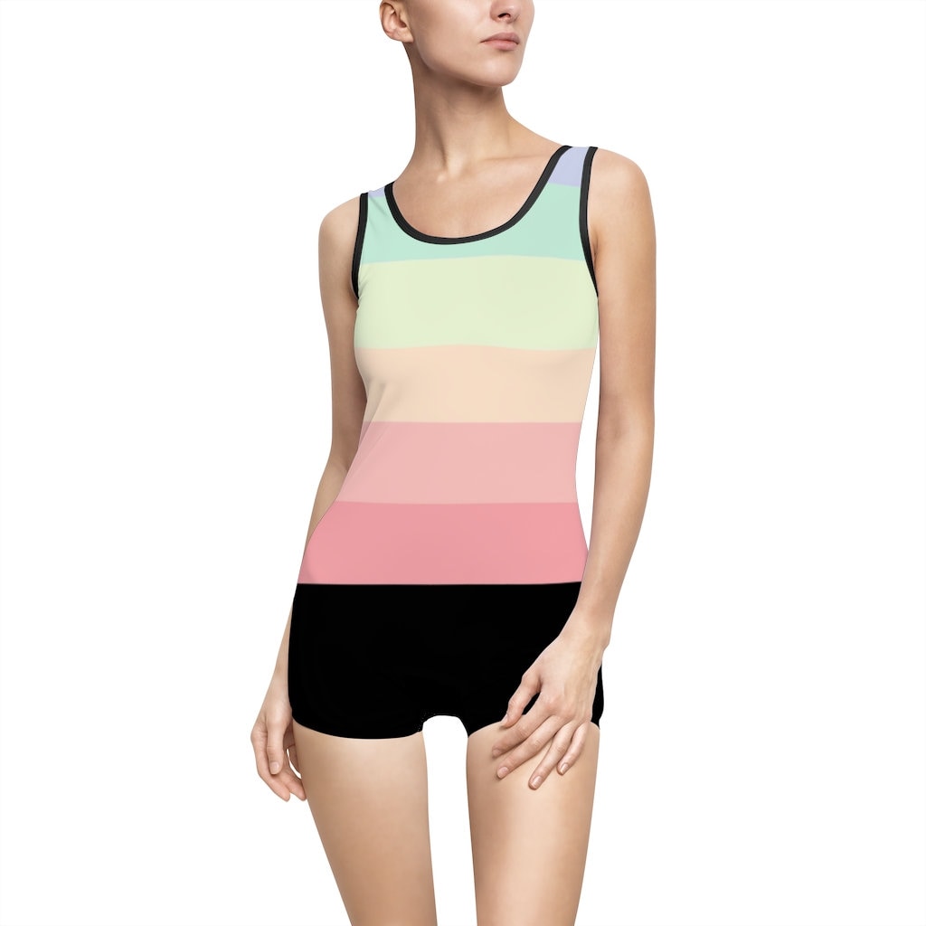 Women's Vintage Style One-piece Swimsuit With Boy-cut Legs. Pastel Multi  Rainbow and Black. 