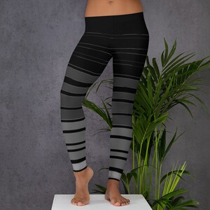 Adult Leggings: Harmony Stripe/The Greys (Gray, Grey, White, Black, Chromatic) Striped. Women’s Letter Sizing. Free Shipping