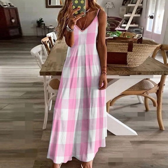 Adult Womens Spaghetti Strap Tank Maxi Dress Pink Gingham Barbiecore Full Length Summery Etsy
