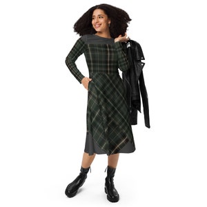 Adult Long Sleeve Midi Dress with Pockets: Sedate Plaid/Charcoal Solid. Womens Sizing
