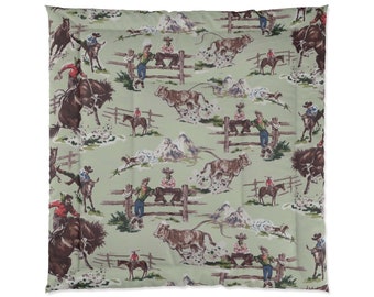 Comforter: Vintage/Nostalgic Western/Cowboy (Pale Sage Green). Polyester, print is one-side only.