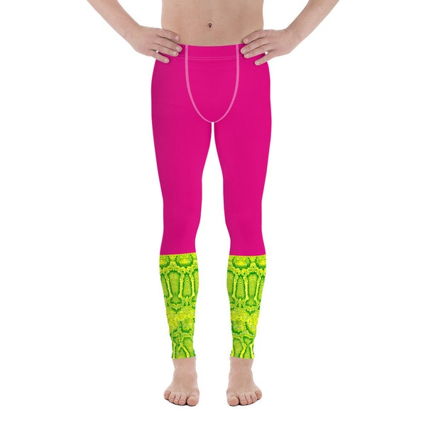 Adult Leggings (Men’s Letter Sized): Hot Pink/Bright Pink Fuchsia with Neon Lime/Lemon Snakeskin Print. Ankle length.