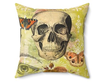 Spun Polyester Square Pillow Case: Halloween/Spooky October Skull Gothica Design. Perfect for decorating. Three sizes.