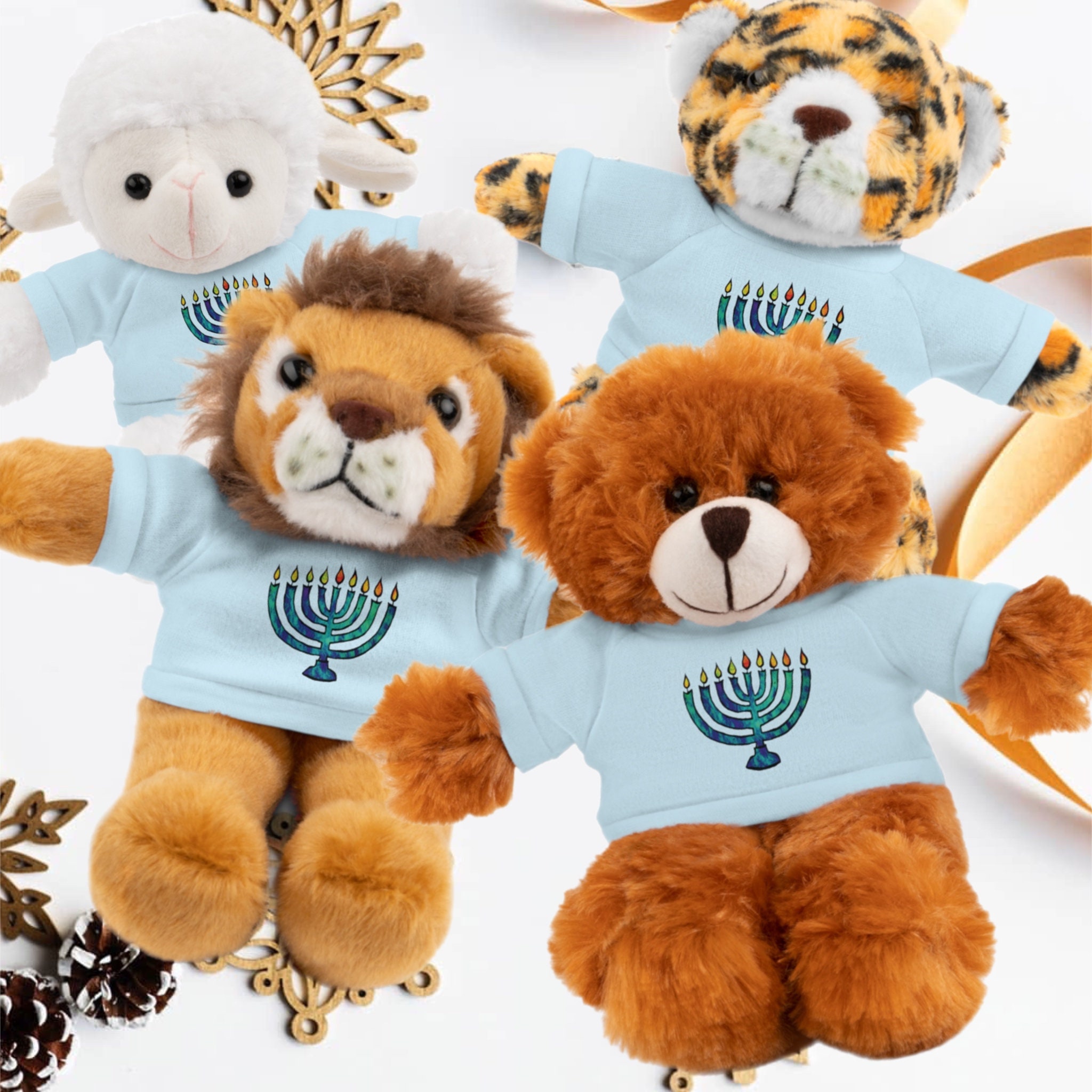 Happy Hanukkah/Menorah 8 inch stuffed animal Choose lion, bear, jaguar, or sheep  Choose white or blue shirt Great gift Free Shipping