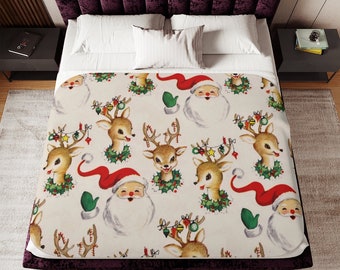 Sherpa Blanket: Mid-Century Christmas Reindeer and Santa/Reverse is solid  Sherpa fleece. Holiday decor. Two sizes.