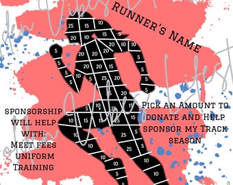 Może przedstawiać: Różowo-niebieska grafika z sylwetką biegacza. Grafika zawiera liczby od 5 do 25 w układzie siatki. Tekst brzmi: "TEAM NAME", "RUNNER'S NAME", "SPONSORSHIP WILL HELP WITH: MEET FEES UNIFORM TRAINING", "PICK AN AMOUNT TO DONATE AND HELP SPONSOR MY TRACK SEASON", "THANKS FOR YOUR SUPPORT", "VENMO ENTER VENMO NAME", oraz "PAYPAL ENTER PAYPAL NAME".