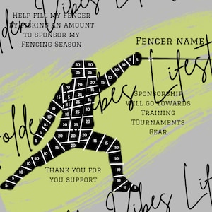 May include: A green and gray graphic with a black silhouette of a fencer. The graphic includes the text "Fill My Vibes", "Fencer Name", "Sponsorship Will Go Towards", "Training", "Tournaments", "Gear", "Thank You For You Support", "Paypal", "Paypal Name", "Venmo", and "Venmo Name".