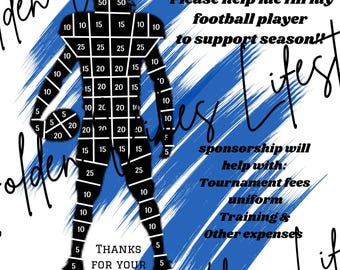 May include: A black silhouette of a football player with numbered squares on the body. The text "Please help me fill my football player to support season!!" is written in blue and white. The text "sponsorship will help with: Tournament fees uniform Training & Other expenses" is written in black. The text "THANKS FOR YOUR SUPPORT" is written in black. The text "$ HANDLE INFO ✓ HANDLE INFO" is written in green and white. The text "P HANDLE INFO Z HANDLE INFO" is written in blue and white.