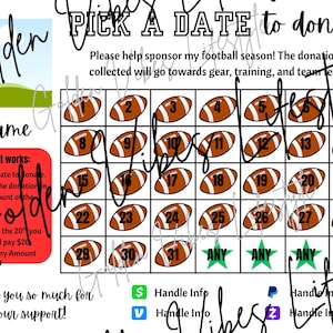 Football Fundraiser Calendar: Editable Canva Template (Digital Download) Pick a Date to donate
