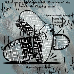May include: A teal graphic with the text "Help fill my Clogging Shoes" and "Golden Vibes Life". The image features a grid design within clog shoes, with donation amounts. Text includes "Pick an amount and donate" and "Thanks for your support".