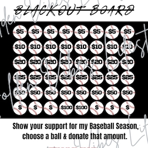 Peut inclure: Un tableau noir de baseball noir et blanc avec des cercles en forme de baseball avec des montants en dollars de 5 $ à 100 $. Le texte "PLAYERS Name BLACKOUT BOARD" est en haut du tableau. Le texte "Show your support for my Baseball Season, choose a ball & donate that amount." est en dessous du tableau. Le texte "THANK You" est en dessous. Le texte "Payment Info Payment Info" est en bas du tableau.