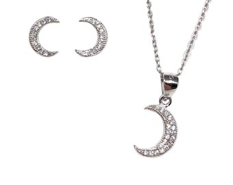 Dainty Crescent Moon Necklace Stud Earrings Set - Silver - Zircon