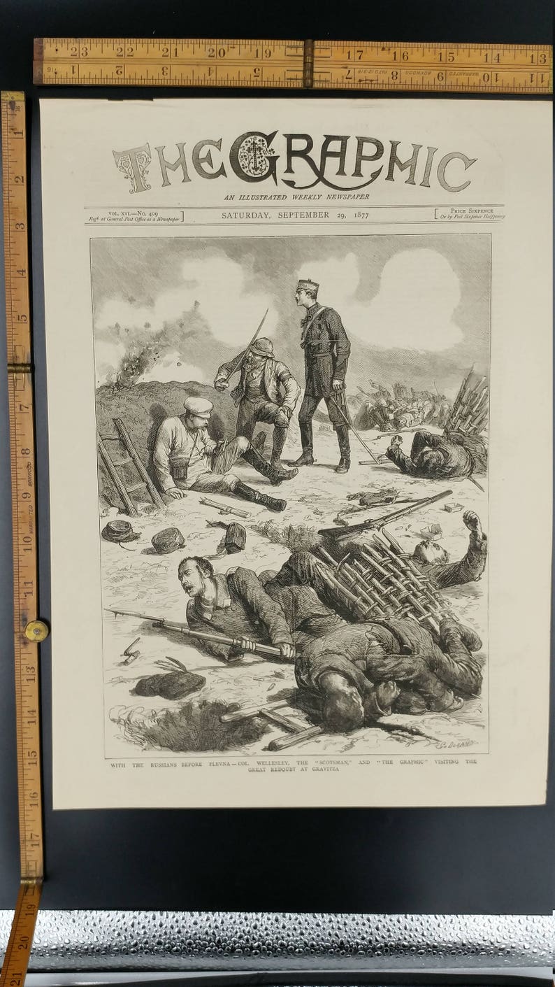 Large Antique Engraving Col Wellesley the Scotsman With the Russians before Plevna 1877 The Great Redoubt at Gravitsa Intense War