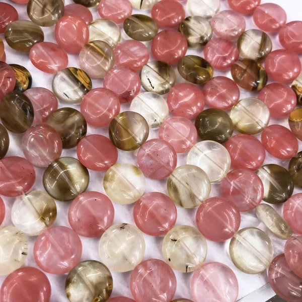 Perle di monete in quarzo ciliegio da 14 mm, perle di pietre preziose, circa 15,5 pollici strand