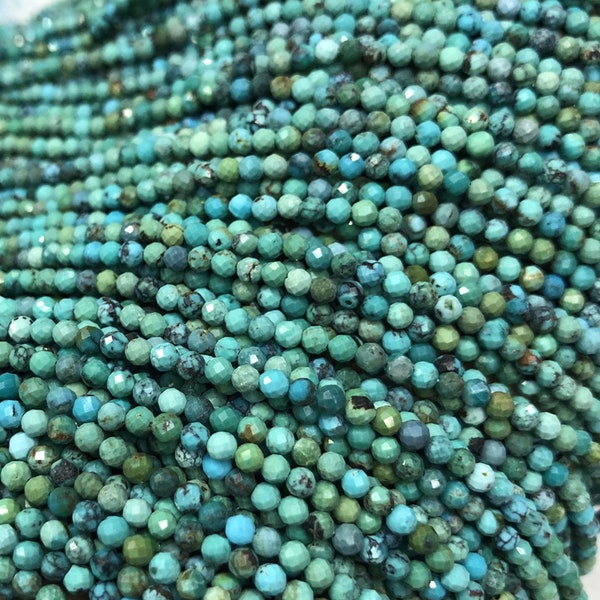 Perles rondes à facettes turquoise bleues, perles minuscules de pierres précieuses de 3 mm de 4 mm, brin d’environ 15,5 pouces