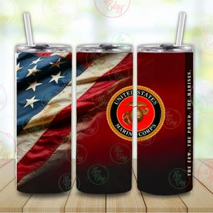 May include: A set of three stainless steel tumblers with lids and straws. The designs include the American flag, the United States Marine Corps emblem, and the text "THE FEW. THE PROUD. THE MARINES."