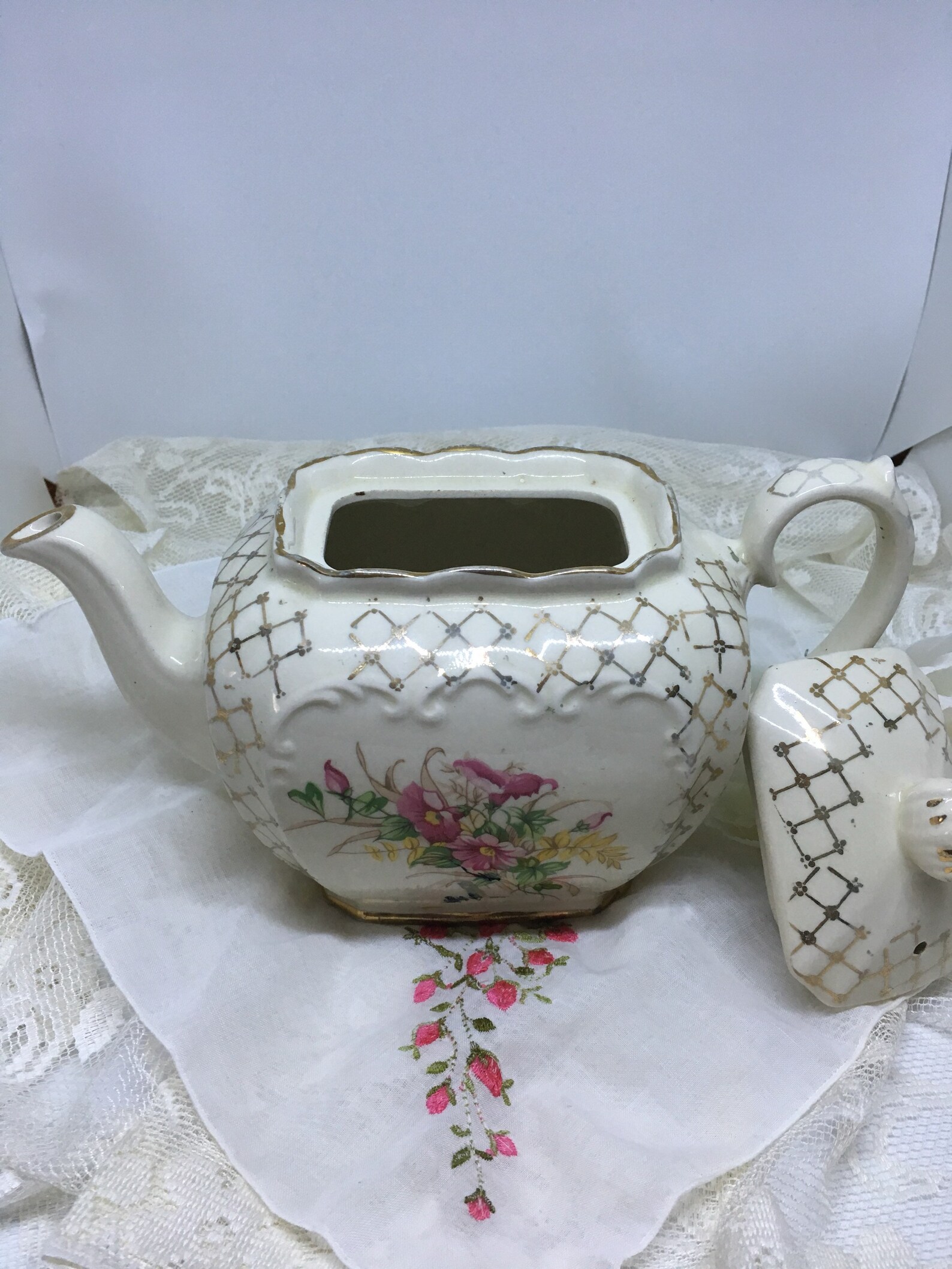 Beautiful Vintage Sadler Cube Teapot Gold Gilding Crosshatch Etsy UK